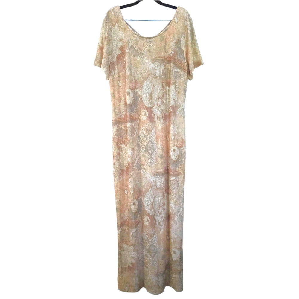 Vintage Algo Slinky Sparkly Peach Stretch Formal Gown Short‎ Sleeve